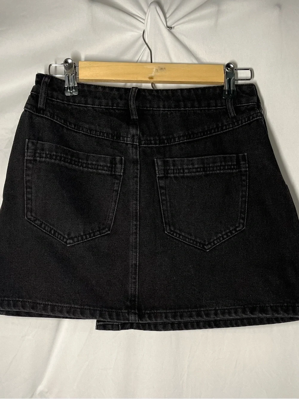 Vici Washed Charcoal Black Asymmetric Snap-Front Denim Mini Skirt